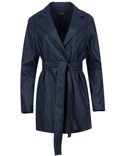 Conquista Navy Faux Leather Jacket With Belt - Blue