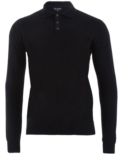 Paul James Knitwear S Cotton Hall Long Sleeve Knitted Polo Shirt - Black