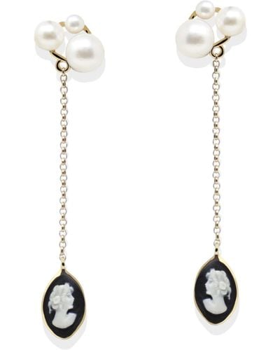 Vintouch Italy Lilith Gold-plated Black Cameo And Pearl Drop Earrings - White