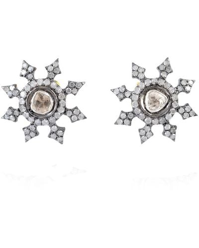 Artisan 18k Gold Diamond 925 Sterling Silver Designer Star Stud Earrings - Metallic