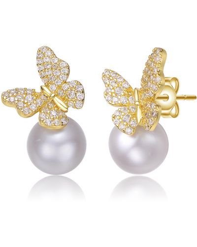 Genevive Jewelry Yellow Gold Plated With Pearl & Diamond Cubic Zirconia Butterfly Earrings In Sterling Silver - Metallic