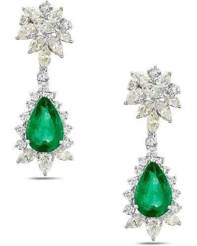Artisan Solid White Gold Natural Diamond Emerald Dangle Earrings Handmade Jewelry - Green