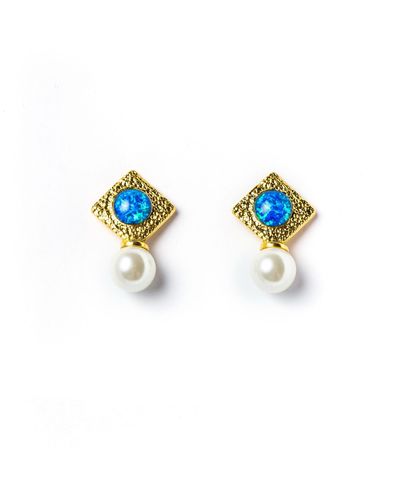 EUNOIA Jewels Oasis Statement Classic Gold Opal Earring With Pearl - Blue