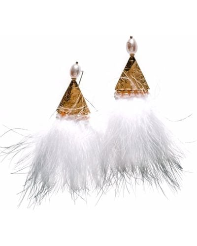 Babaloo Pearl And Feather Statement Earrings - White