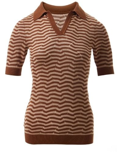 Fully Fashioning Maia Transfer Stitch Knit Polo Shirt - Brown