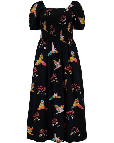 Sugarhill Jolene Midi Shirred Dress , Tropical Parrots - Black