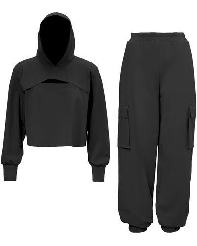 BLUZAT Matching Set With Cut-out Hoodie And Cargo Pants - Black