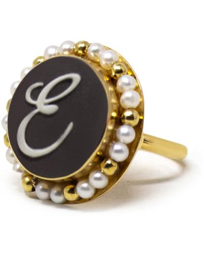 Vintouch Italy Gold Vermeil Black Cameo Pearl Ring Initial E - Metallic