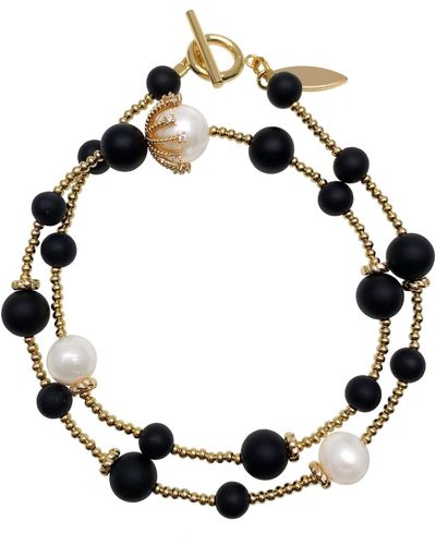 Farra Matte Agate & Freshwater Pearls Double Wrapped Bracelet - Black