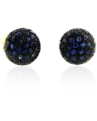 Artisan 14k Yellow Gold & Silver With Blue Sapphire Bead Ball Stud Earrings