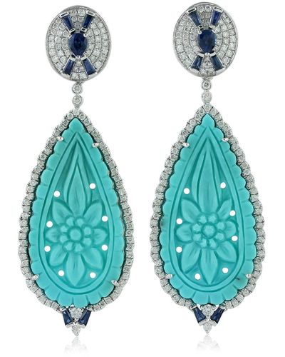 Artisan Natural Diamond Sapphire Carving Turquoise Flower Dangle Earrings 18k White Gold - Blue