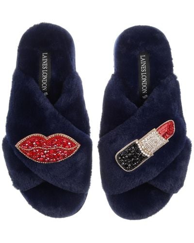Laines London Classic Laines Slippers With Red & Gold Pucker Up Brooches - Blue