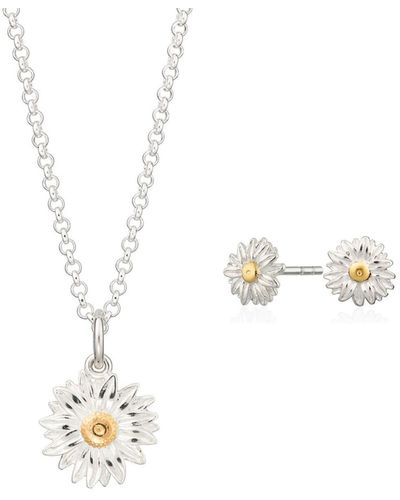 Lily Charmed Sterling Silver Daisy Necklace & Studs Jewelry Set - Metallic