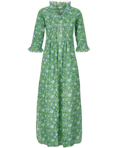 At Last Cotton Annabel Maxi Dress In With White & Blue Flower - Green