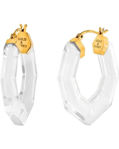 Gold & Honey Pear Gemstone Lucite Hoop Earrings In Clear - Metallic