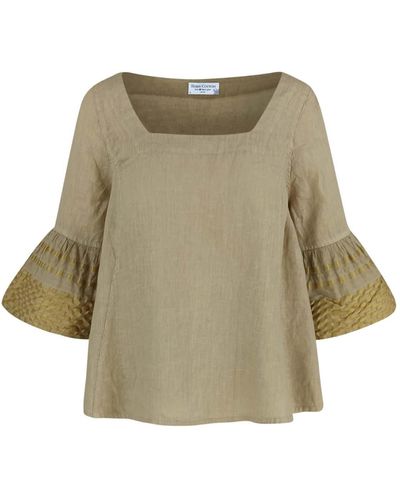 Haris Cotton Neutrals Linen Blouse With Embroidered Panels - Green