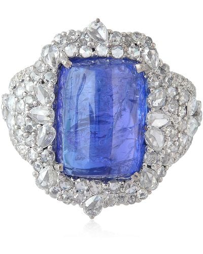 Artisan Cocktail Ring Tanzanite Gemstone Diamond 18k White Gold - Blue