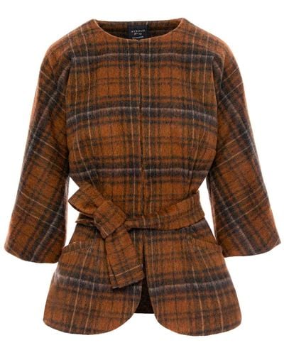 AVENUE No.29 Check Wool Cape With Belt - Brown