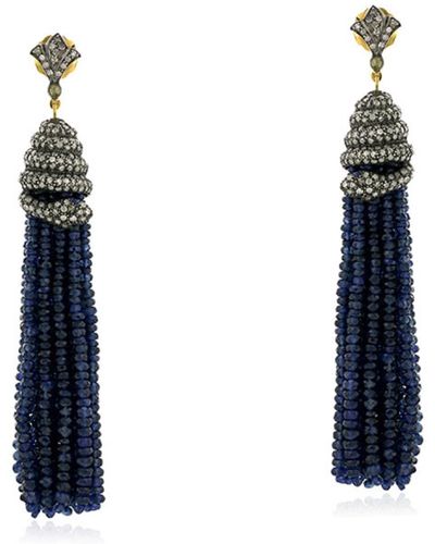 Artisan 18k Yellow Gold 925 Sterling Silver Pave Diamond Blue Sapphire Tassel Earrings Handmade Jewellery