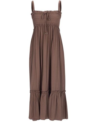 NARU KANG Smock Sleeveless Shirring Long Dress Brick - Brown