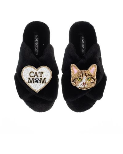 Laines London Classic Laines Slippers With Cat Mum / Mom & Tabby Cat Brooches - Black