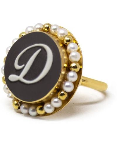 Vintouch Italy Gold Vermeil Black Cameo Pearl Ring Initial D - Metallic