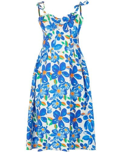 Lavaand The Rosie Organic Cotton Corset Midi Dress In Painted Floral - Blue