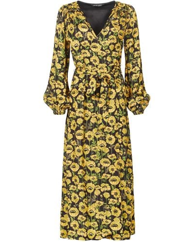 Lavaand The Annalise Satin Wrap Long Sleeve Midi Dress In Poppy - Yellow