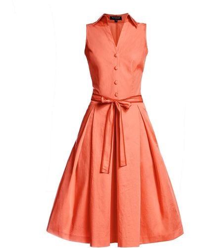 Rumour London Venice Satin Cotton Belted Flared Dress - Orange