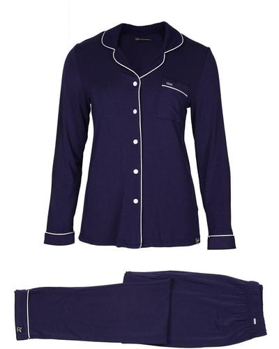 Pretty You London Bamboo Long Sleeved Trouser Pajama Set In Midnight - Blue