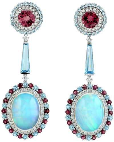 Artisan 18k White Gold In Ethiopian Opal & Blue Topaz With Pink Tourmaline Pave Diamond Dangle Earrings
