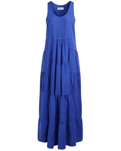 Haris Cotton Linen Maxi Strap Dress With Ruffles - Blue