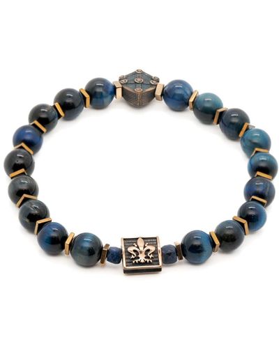 Ebru Jewelry Blue Tiger Eye Stone Shield Charm Beaded Bracelet