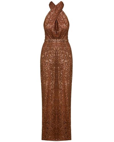 UNDRESS Alta Bronze Sequin X Neckline Evening Maxi Dress - Brown