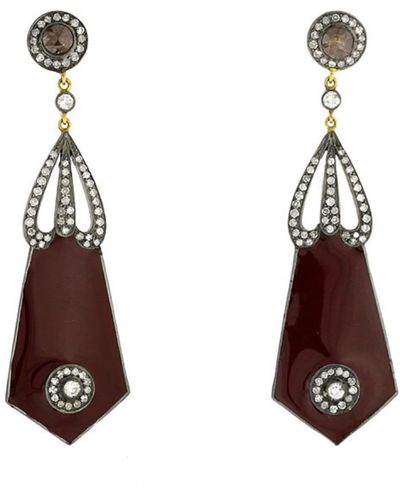 Artisan Pave Diamond 18k Gold Dangle Earrings 925 Sterling Silver Enamel Jewelry - Brown