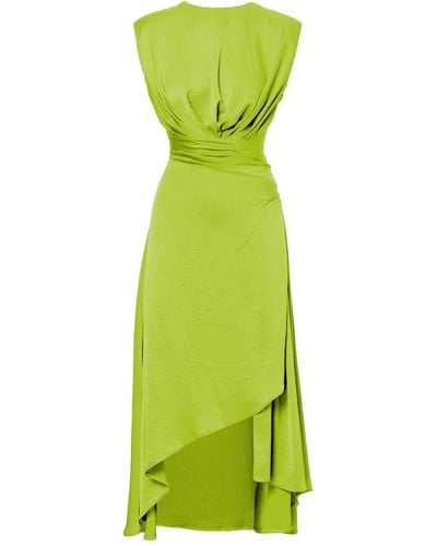 BLUZAT Midi Neon Dress With Oversized Shouders And Slit - Green