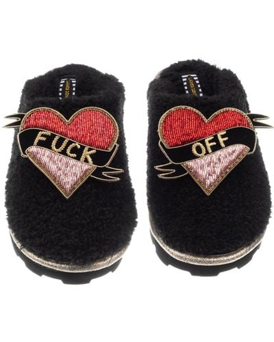 Laines London Teddy Closed Toe Slippers With Fuck Off Brooches - Orange
