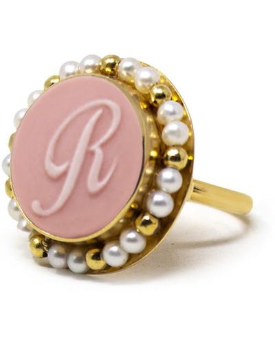 Vintouch Italy Gold Vermeil Pink Cameo Pearl Ring Initial R