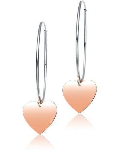 Genevive Jewelry Stylish Sterling Silver With Heart Rose Gold Plated Dangle Hoop Earrings - White