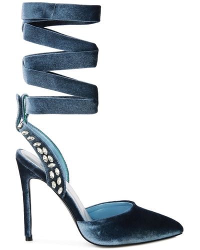 Rag & Co Wallis Velvet Diamante Stud Tie Up Sandals - Blue