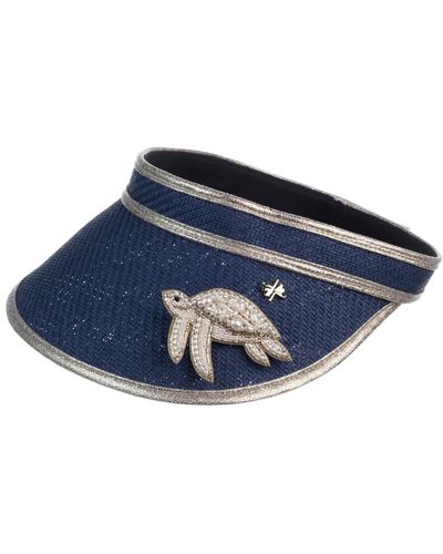 Laines London Straw Woven Visor With Beaded Turtle Brooch - Blue