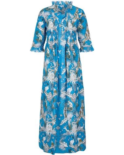 At Last Cotton Annabel Maxi Dress In Sky Tropical - Blue