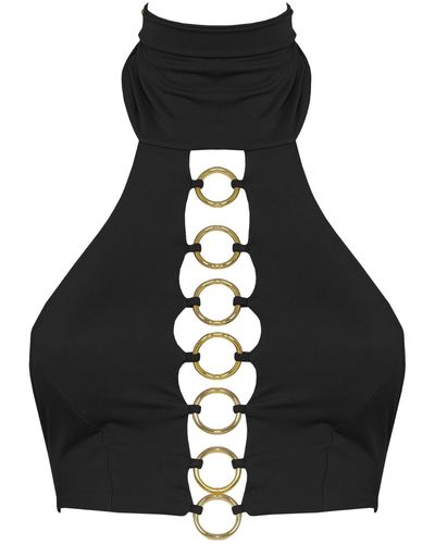 ANTONINIAS Panama Halterneck Tie Fastening Bikini Top With Golden Details In - Black