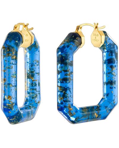 Gold & Honey Emerald Gemstone Lucite Hoop Earrings In Blue With Gold Leaf