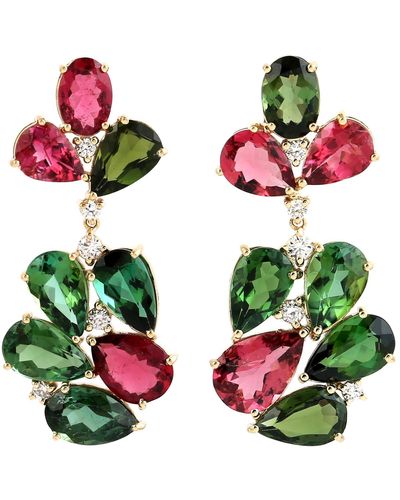 Artisan Multi Colored Tourmaline & Pave Diamond In 18k Yellow Classic Dangle Earrings - Green