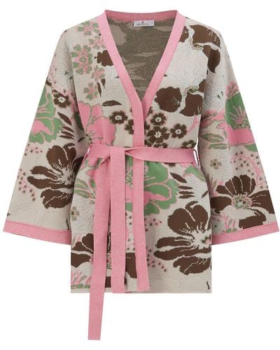 Peraluna Floral Pattern Shimmer Detailed Short Knit Kimono - Pink