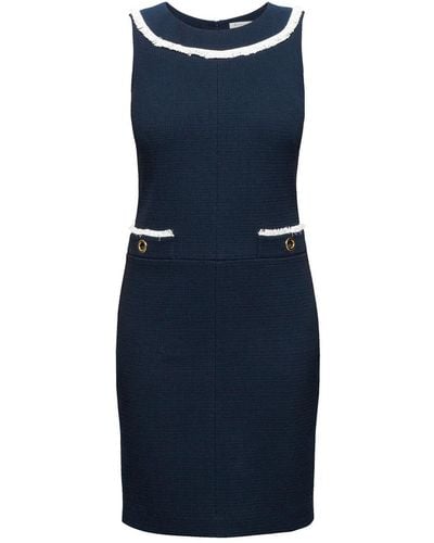 Rumour London Emilia Navy Cotton Tweed Dress With Fringed Neckline - Blue