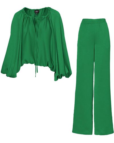 BLUZAT Emerald Set With Blouse And Wide Leg Pants - Green