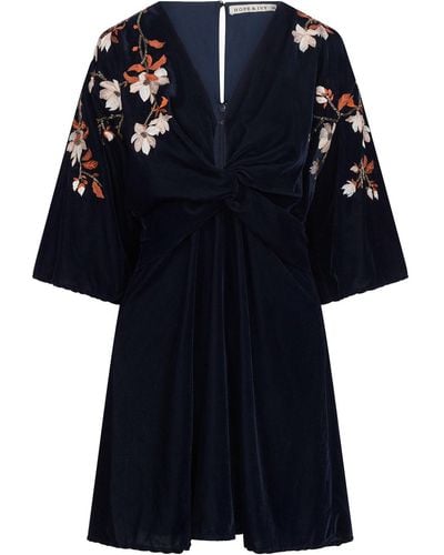 Hope & Ivy The Aubrey Velvet Embroidered Skater Dress With Kimono Sleeve And Knot Front - Blue