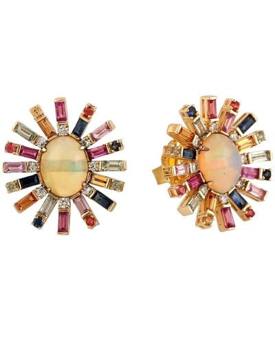 Artisan Oval Cut Ethiopian Opal & Multi Baguette Sapphire Pave Diamond In 18k Gold Stud Earrings - Metallic